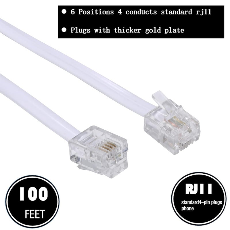 Ubramac 100Feet Long Telephone Extension Cord Phone Cable Line Wire, with Standard RJ11 Plug and 1 in-Line Couplers and 35Cable Clip Holders-White - Image 2
